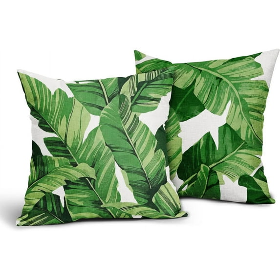 Tropical Palm Leaves Throw Pillow Covers 16x16 Inch Pack of 2 Summer Green Banana Leaf Pillow Covers Modern Outdoor Tropical Pillowcase Square Linen Cushion Cover for Bedroom Sofa Couch Home Decor