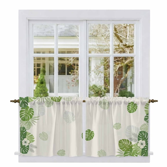 Tropical Palm Leaves Tier Curtains 24 Inch Length, Summer Green Botanical Leaf Plants Cafe Short Curtains for Bathroom Over Sink, Small Kitchen Curtain Light Filtering Drapes 2 Panels 27.5"Wx24"L