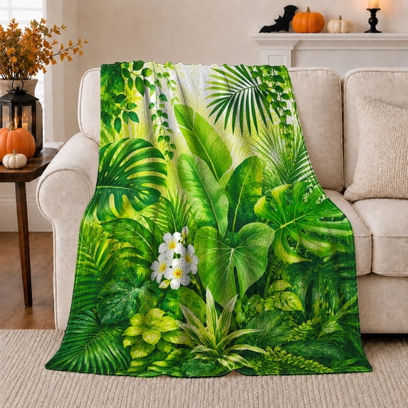 Tropical Palm Leaves with White Flowers and Lush Jungle Greenery, Botanical Rainforest Art for Plant Lovers, Birthday Gift, Soft Flannel Blanket for Bedroom, Fresh Home Decor
