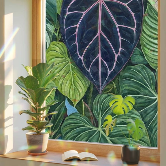 Tropical Palm Leaves Window Privacy Film, Green Blue Jungle Nature Plant Botanical Stained Glass Rainbow Film Decorative Window Clings, Static Cling Sun Blocking Stickers 17.7" x 39.3"