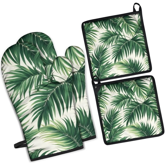 Tropical Palm Leaves in Hawaii Kitchen Oven Mitt and Pot Holder Sets 4 Pcs for Baking, Cooking and Grilling, Heat Resistant Up To 392 °F