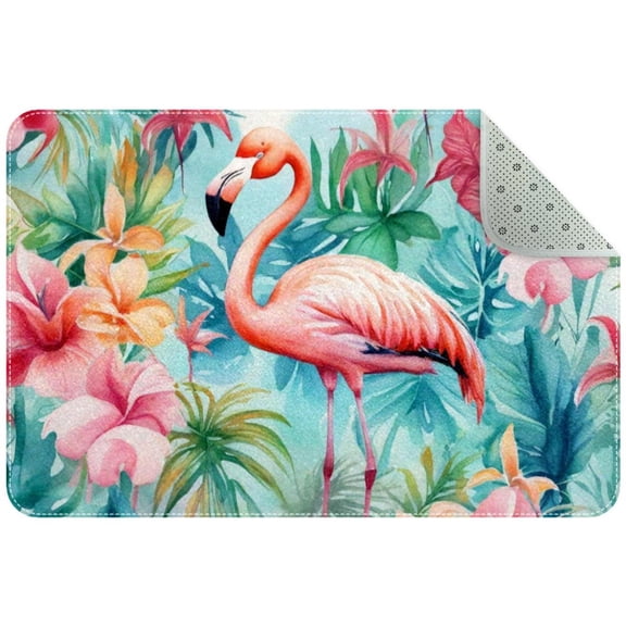 Tropical Palm Leavs FLower Flamingo Small Area Rug, Non-Slip Door Mat Indoor Floor Mat, Washable Kitchen Rug Entrance Door Mat for Bedroom Living Room