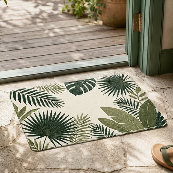 Tropical Palm Monstera Leaf Doormat, Soft Plush Flannel Non-Slip Floor Mat, Green Jungle Botanical Border Entryway Decor Rug, Stylish Indoor Mat for Living Room Bedroom Hallway, 3 Sizes Available