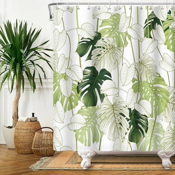 Tropical Palm Plants Shower Curtain,Green Leaves Waterproof Fabric Bathroom Curtain Summer Bath Curtain with Hooks 72x72 in