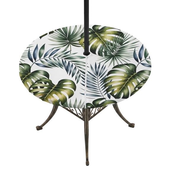 Tropical Palm Round Outdoor Tablecloth with Umbrella Hole Zipper, Summer Modern Dark Green Botanical Leaves Elastic Fitted Table Cover, Waterproof Table Cloth for Patio Picnic Party Fits 36"-44"