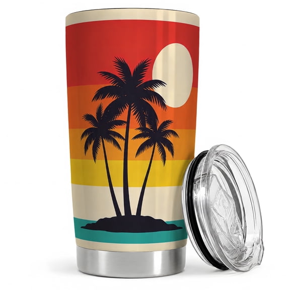 Tropical Palm Sunset 20oz Tumbler, Island Palm Tumbler, Daily Coffee and Travel Drinkware, Retro Stripe Beach Scene, Coastal Ocean Art, Beach Lovers and Tropical Vacation Enthusiasts
