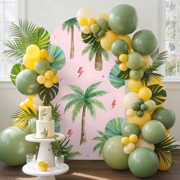 Tropical Palm Tree Arch Backdrop Cover, 4FT, Lightning Summer Pink Boho Spandex Arch Covers Double-Sided Backdrop for Wedding Birthday Party Photo Background Decoration