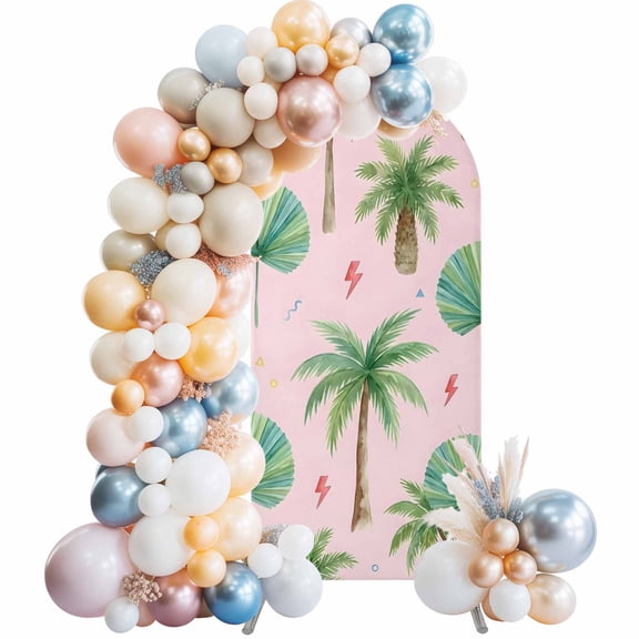 Tropical Palm Tree Arch Backdrop Cover 5 FT Lightning Summer Pink Boho Stretchy Elastic Arch Stand Covers Spandex Arched Background Birthday Wedding Party Decoration (No Stand)