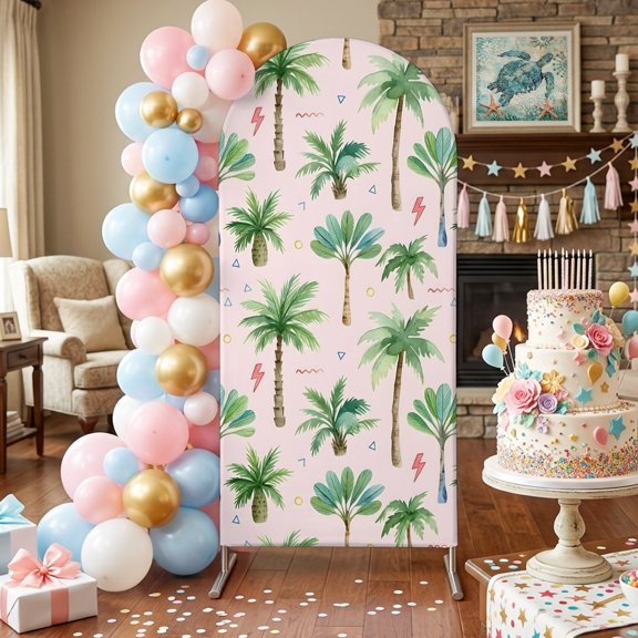 Tropical Palm Tree Arch Backdrop Covers 5 FT, Lightning Summer Forest Pink Boho Stretchy Fitted Arched Stand Covers Party Arch Stand Cover Photo Booth for Wedding Birthday Decor