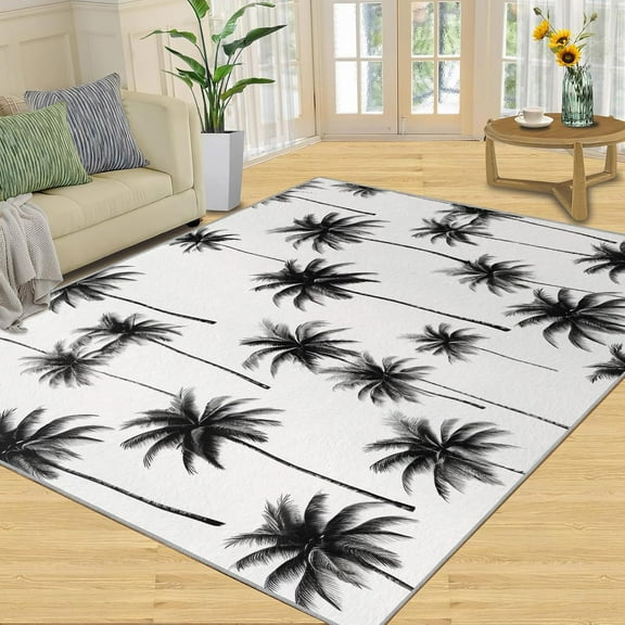 Tropical Palm Tree Area Rug Modern Black And White Beach Bedroom Rug Coastal Living Room Rug, Indoor Non-Slip Rugs For Front Entrance Floor Decor 3x5ft
