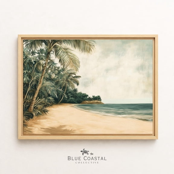 Tropical Palm Tree Art Coconut Golden Sand Teal Ocean Coastal Office Dining Room Decor Lush Green Vacation Home Island Seascape, Unframed Paper Print