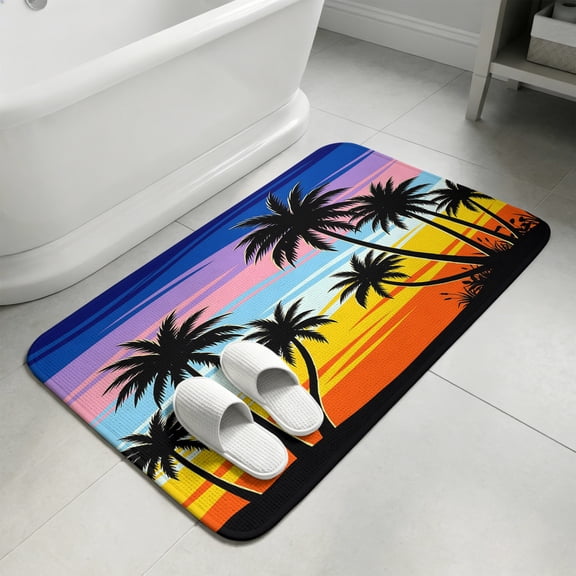 Tropical Palm Tree Bathroom Rugs Non Slip Washable Bath Mat Absorbent Front Door Mat Summer Gradient Sunset Ocean Plants Indoor Doormat for Kitchen Entryway Shower Decor Accessories 15.7"x23.6"