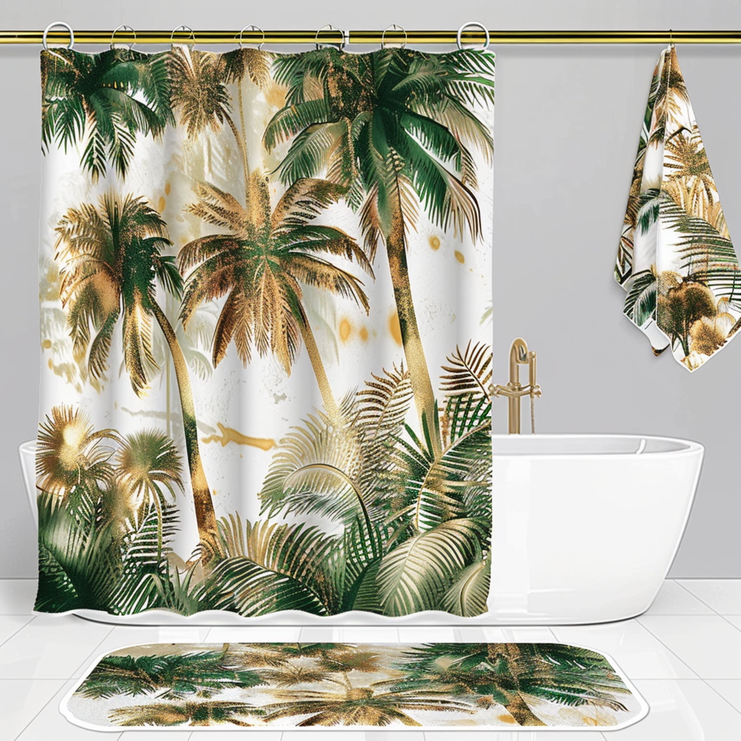 Tropical Palm Tree Bathroom Set with Gold and White Design Botanical Illustration Style Bright