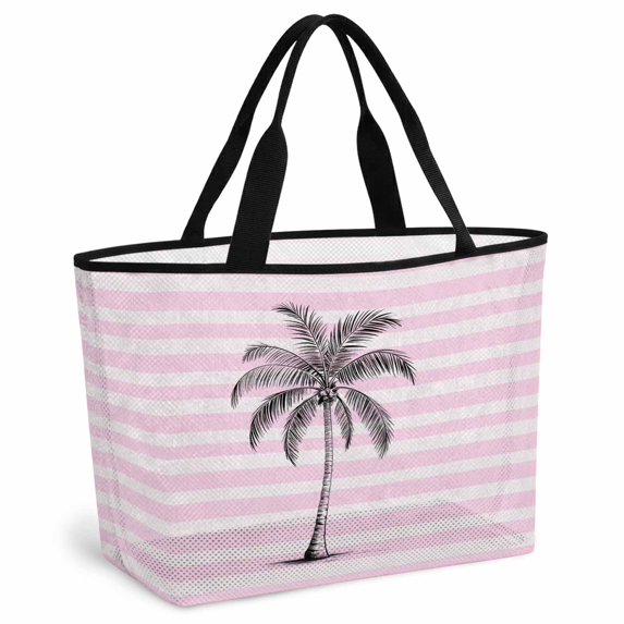Tropical Palm Tree Beach Bag for Women, Large Breathable Mesh Beach Tote Bag, Summer Coconut Plants Pink Striped Sandproof Lightweight Travel Bags for Vacation Picnic Swimming Pool 15.7"x15.7"x9.1"