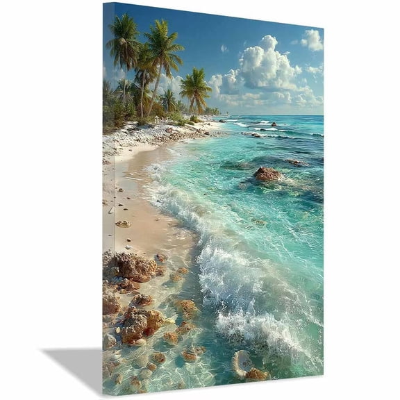 Tropical Palm Tree Beach Canvas Wall Art,Clear Ocean Prints Painting,Bright Coastal Wall Decor for Living Room Bedroom Office Home Decor,Framed Ready to Hang-12"L x 8"W