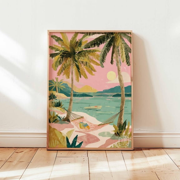 Tropical Palm Tree Beach Coastal Vibes Summer Travel Wall Art Print, Unframed Paper Poster 8x10in