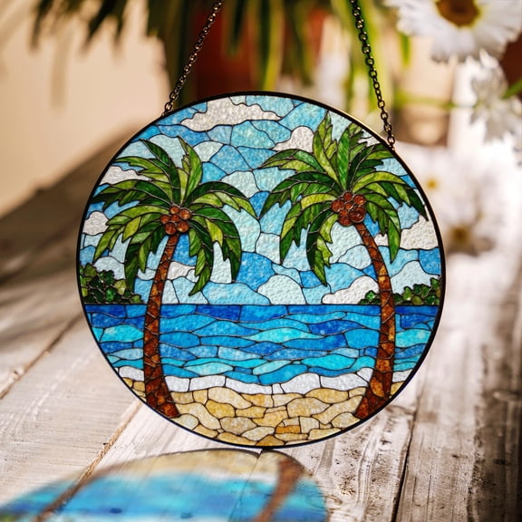 Tropical Palm Tree Beach Stained Glass Suncatcher, Summer Window Decor, Relaxing Gift for Ocean Lovers Vacation Gift