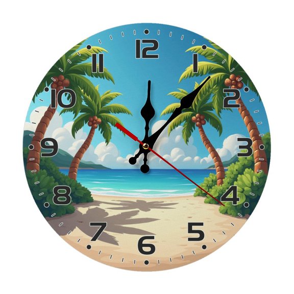 Tropical Palm Tree Beach Wall Clock 10 Inch Silent Non Ticking Round Wooden Clock Decoration for Living Room Kitchen Bedroom Bathroom Office Classroom