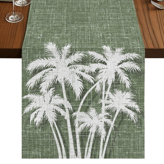 Tropical Palm Tree Burlap Cotton Table Runner 16x72 Inches Long, Vintage Moss Green Exotic Botanical Plants Farmhouse Table Runners, Outdoor Dining Tablecloths Decor for Baby Shower/Party/Wedding
