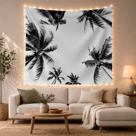 Tropical Palm Tree Canopy in Monochrome Serene Minimalist for Beach Lovers Coastal Home Decor Housewarming Gift Tapestry Wall Hanging for Bedroom, Living Room and Dorm