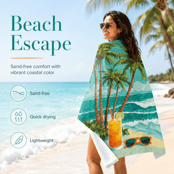 Tropical Palm Tree Cocktail Print Sandless Microfiber Fast Drying Absorbent Large Bath Sheet Swim Luxury Cruise Mat 30x60 Inch