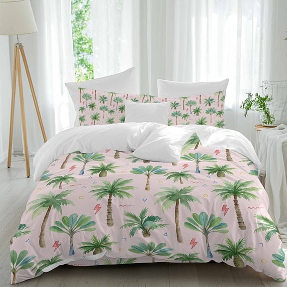 Tropical Palm Tree Comforter Set Queen Size, Lightning Summer Forest Pink Boho Soft Bedding Set for Man Woman, 4 Pieces Duvet Cover Set with Fitted Sheet, 2 Pillowcases