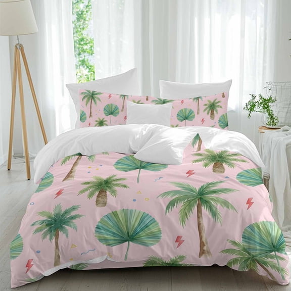 Tropical Palm Tree Comforter Set Queen Size, Lightning Summer Pink Boho Soft Bedding Set for Man Woman, 4 Pieces Duvet Cover Set with Flat Sheet, 2 Pillowcases