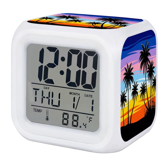 Tropical Palm Tree Digital Alarm Clock for Bedrooms,Smart LED Alarm Clock with 7 Color Changing Night Light,Summer Gradient Sunset Ocean Plants Silent Wake Up Clocks for Sleep Study Cooking 3.2"x3.2"