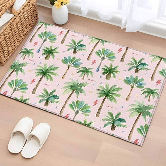 Tropical Palm Tree Entryway Rug 2'x3' Lightning Summer Forest Pink Boho Small Area Rug Non-Slip Front Door Mat Washable Floor Carpet for Indoor Entrance Kitchen Bathroom