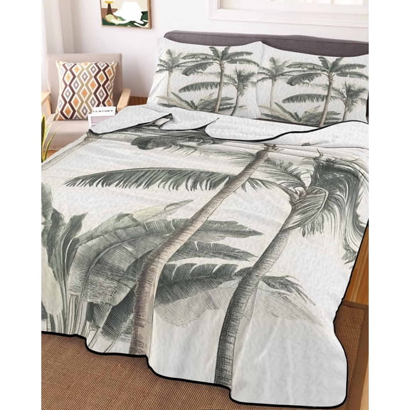 Tropical Palm Tree Full Size Down Alternative Comforter, Lightweight Comforter Quilt Bedding Set with Pillow Shams Summer Beach Botanical All Seasons Bed Comforter Duvet Insert 78"x90"