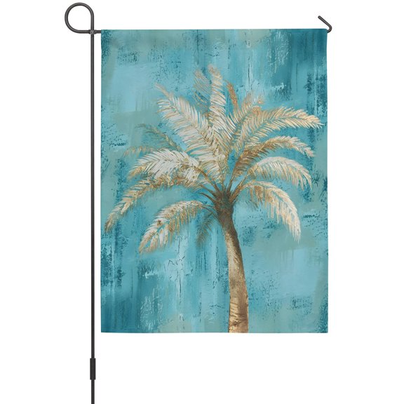 Tropical Palm Tree Garden Flags For Outdoor, Coastal Vintage Beach Island Teal Graffiti Botanical Small Double Side Yard Flags Weather Proof Garden Decor for Lawn Outside Holiday 12 x 18 Inches