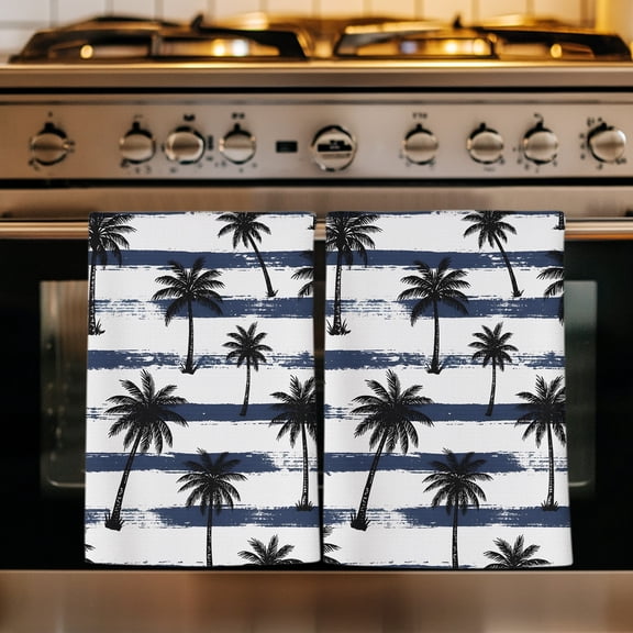 Tropical Palm Tree Kitchen Towels Set of 4, Black Summer Beach Plants Navy Stripes Absorbent Dish Towels for Kitchen, Microfiber Hand Towel, Quick Drying Tea Towel for Cleaning Decorative Dishcloths
