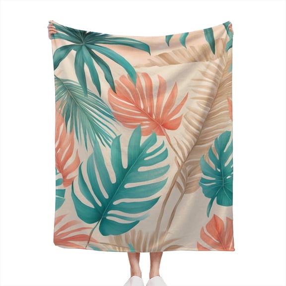 Tropical Palm Tree Leaves Design Coral Teal & Sand Summer Modern Watercolor Vibes Gift Lightweight Cozy Soft Flannel Throw Blanket 50x60 inches for Couch, Bed, Living Room, and Travel