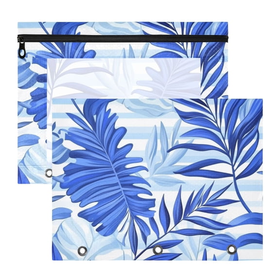 Tropical Palm Tree Leaves in Blue 3-Ring Binder Pouches A4 Size Zipper Pocket File Storage 2 Packs