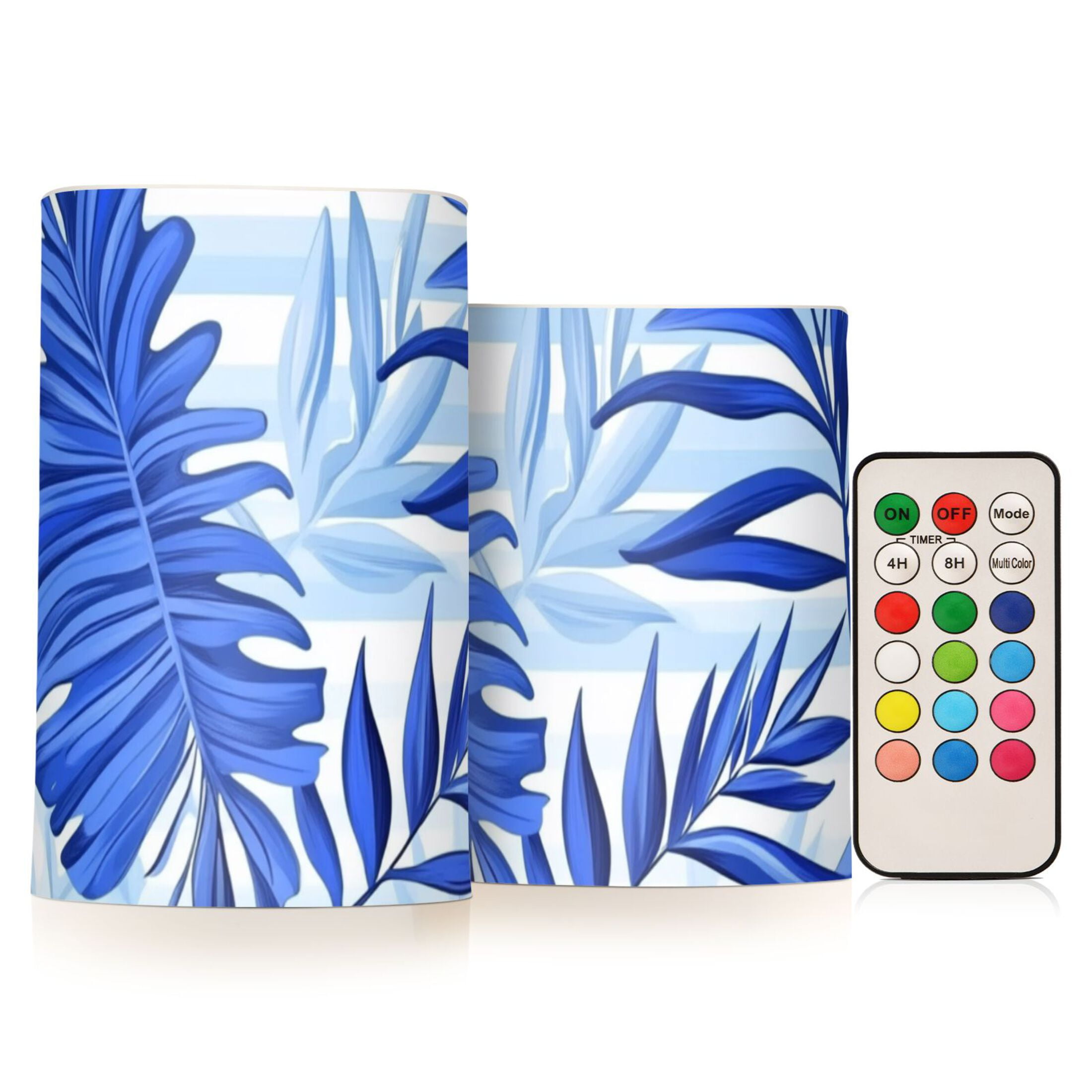 Tropical Palm Tree Leaves in Blue Flickering Flameless Candles LED Tealight Battery Operated with Remote Set of 2 Holiday Decor Ornaments