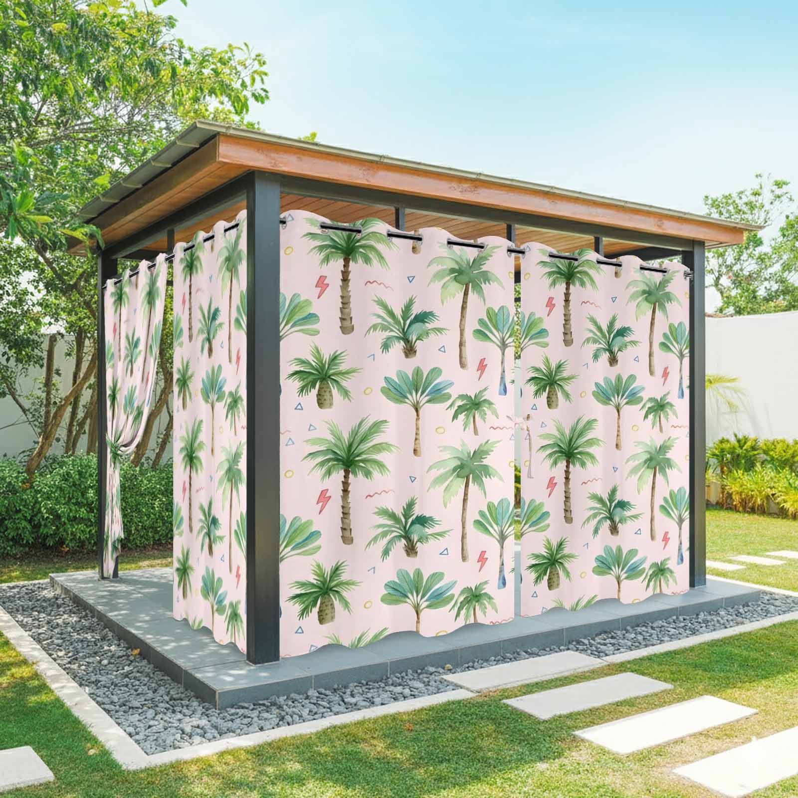 Tropical Palm Tree Outdoor Curtains for Patio, Lightning Summer Forest Pink Boho Sunshade Privacy Drapes Grommet Waterproof Outside Curtains for Porch/Cabana/Balcony 54"x 108", 1 Panel