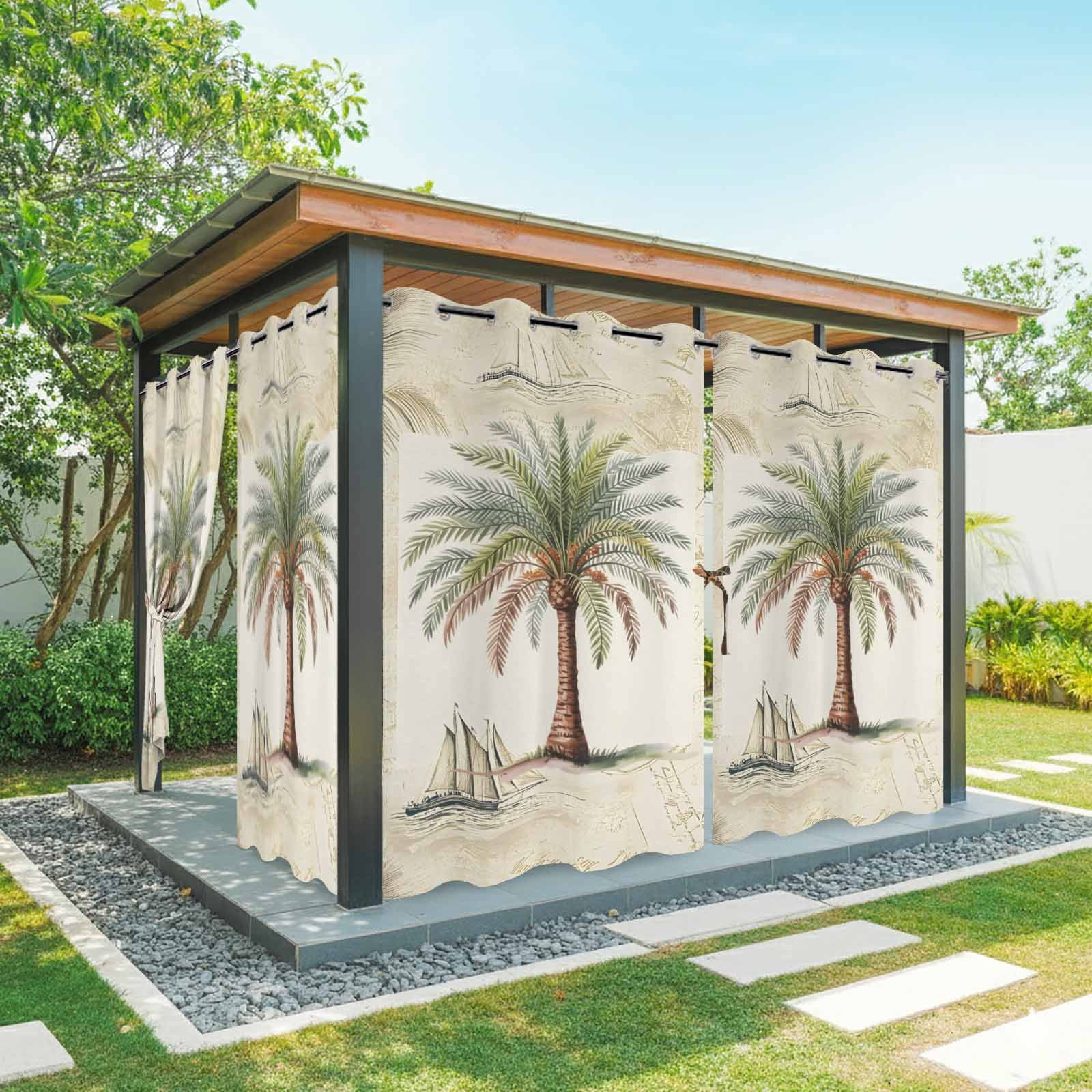 Tropical Palm Tree Outdoor Curtains for Patio, Vintage Summer Coastal Palm Tree Sunshade Privacy Drapes Grommet Waterproof Outside Curtains for Porch/Cabana/Balcony 54"x 108", 1 Panel