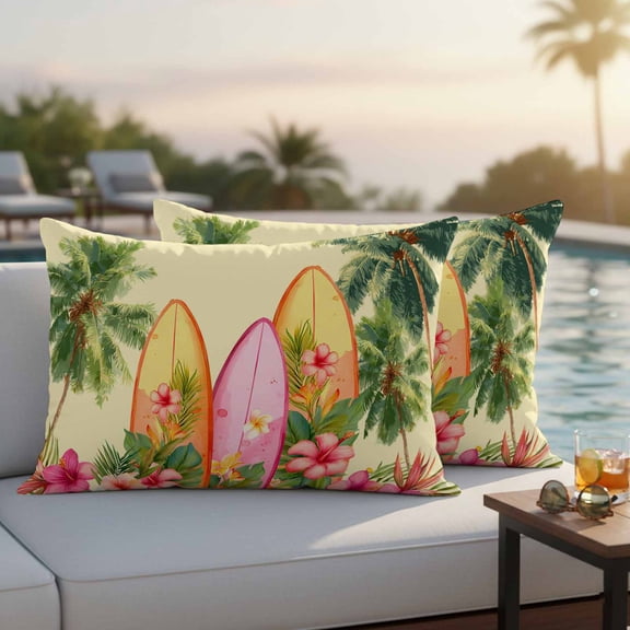 Tropical Palm Tree Outdoor Pillow Covers 20x12 Inch Lumbar Pillow Covers Set of 2 Waterproof Decorative Throw Pillow Cases Summer Ocean Surfboard Floral Yellow Cushion Covers for Patio Furniture