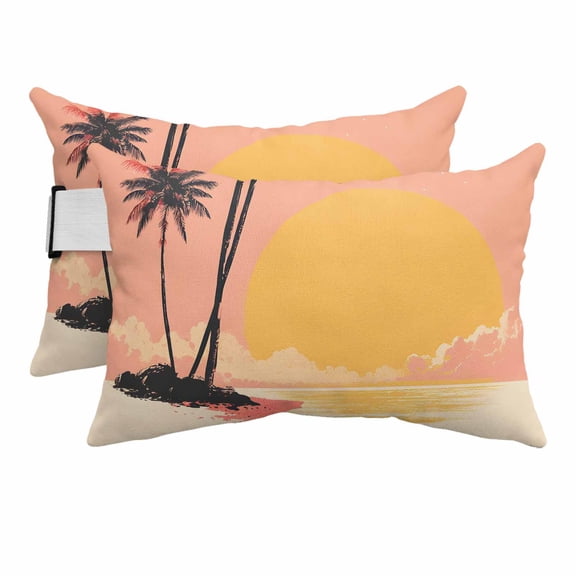 Tropical Palm Tree Outdoor Pillows for Chaise Lounge Chair Beach Headrest Pillow Set of 2 Waterproof Lumbar Pillows with Insert&Strap Summer Beach Orange Pink Sunset Vintage Pool Pillow 12"x20"