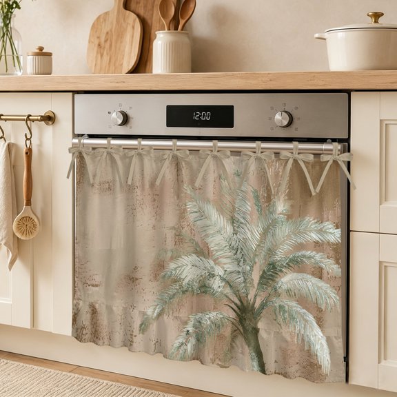 Tropical Palm Tree Oven Skirt Curtain, Coastal Vintage Beach Island Brown Graffiti Botanical Tie Top Tier Curtains Stove Dishwasher Skirt Small Window Drapes for Kitchen Bathroom Cafe 30"x21.5"