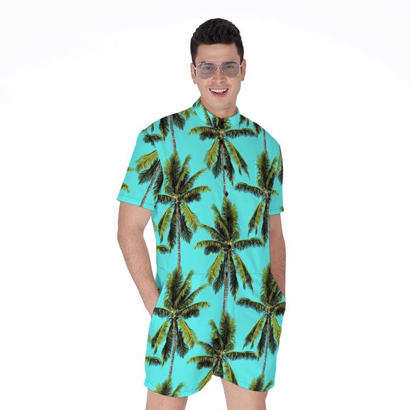 Tropical Palm Tree Pattern Short Sleeve Men'S Rompers, Tropical Floral Hawaiian Casual Summer Jumpsuits Outfit
