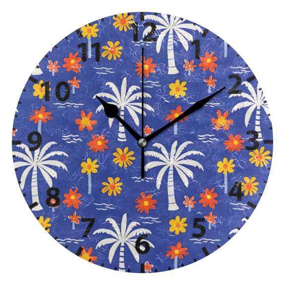 Tropical Palm Tree Pattern Wall Clock 10in Round Artistic Oil Painting Home Decor Desk Table Clock