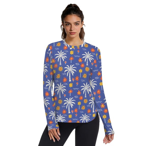 Tropical Palm Tree Pattern Women's Activewear UPF 50+ Sun Protection Shirt Cooling Quick Dry Thumb Hole Top