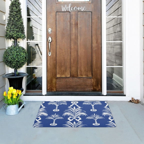 Tropical Palm Tree Pattern in White Doormats Welcome Mats Gate Pads Entryway Outdoor 32" x 20"
