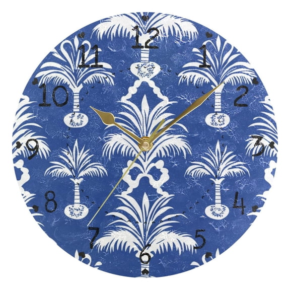 Tropical Palm Tree Pattern in White Round Wall Clock Silent Analog Battery Operated Gold Pointer Home Decor 9.84" Diameter