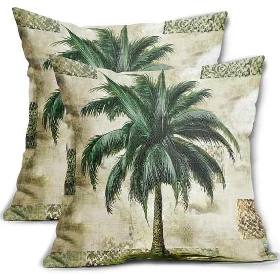 Tropical Palm Tree Pillow Covers 18x18 Inch Vintage Green Banana Leaf Outdoor Decorative Throw Pillow Covers Set of 2 Rustic Pillowcases Farmhouse Cotton Linen Cushion Covers for Couch Bed Sofa Decor