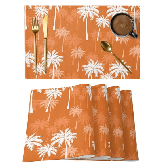 Tropical Palm Tree Placemats Set of 4 Orange White Plants Coastal Leaf Beach Place Mats Indoor Wipeable Table Mats Washable Cloth Dining Table Placemats for Kitchen Holiday Party Decor 13x19 Inch