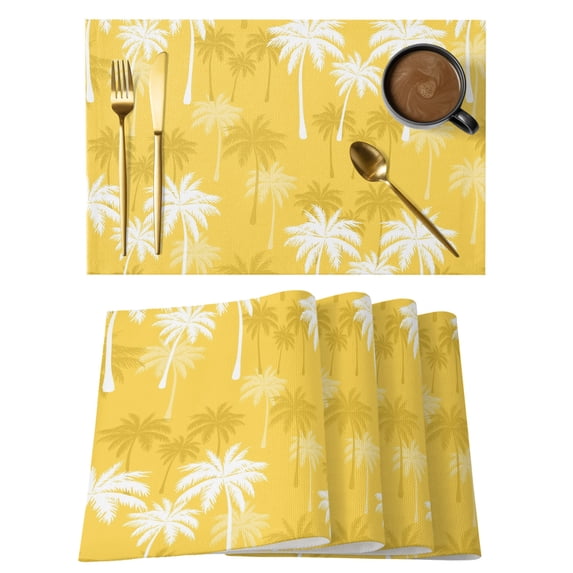Tropical Palm Tree Placemats Set of 6 Yellow White Plants Coastal Leaf Beach Place Mats Indoor Wipeable Table Mats Washable Cloth Dining Table Placemats for Kitchen Holiday Party Decor 13x19 Inch