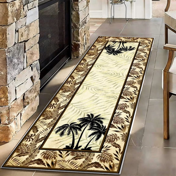 Tropical Palm Tree Runner Rug 2x6ft, Washable Botanical Leaf Non-Slip Hallway Carpet, Boho Vintage Coastal Rug for Entryway, Kitchen