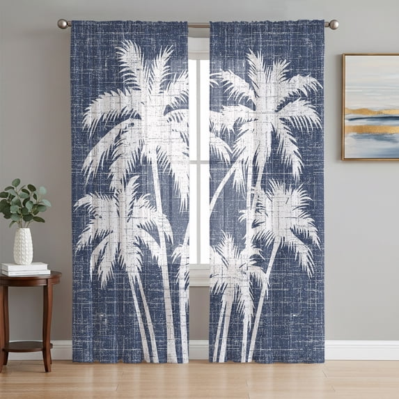 Tropical Palm Tree Sheer Curtains 63 Inches Long, Vintage Dark Blue Exotic Botanical Plants Light Filtering Window Curtains for Living Room, Rod Pocket Voile Chiffon Drapes, 52"W x 63"L, 2 Panels